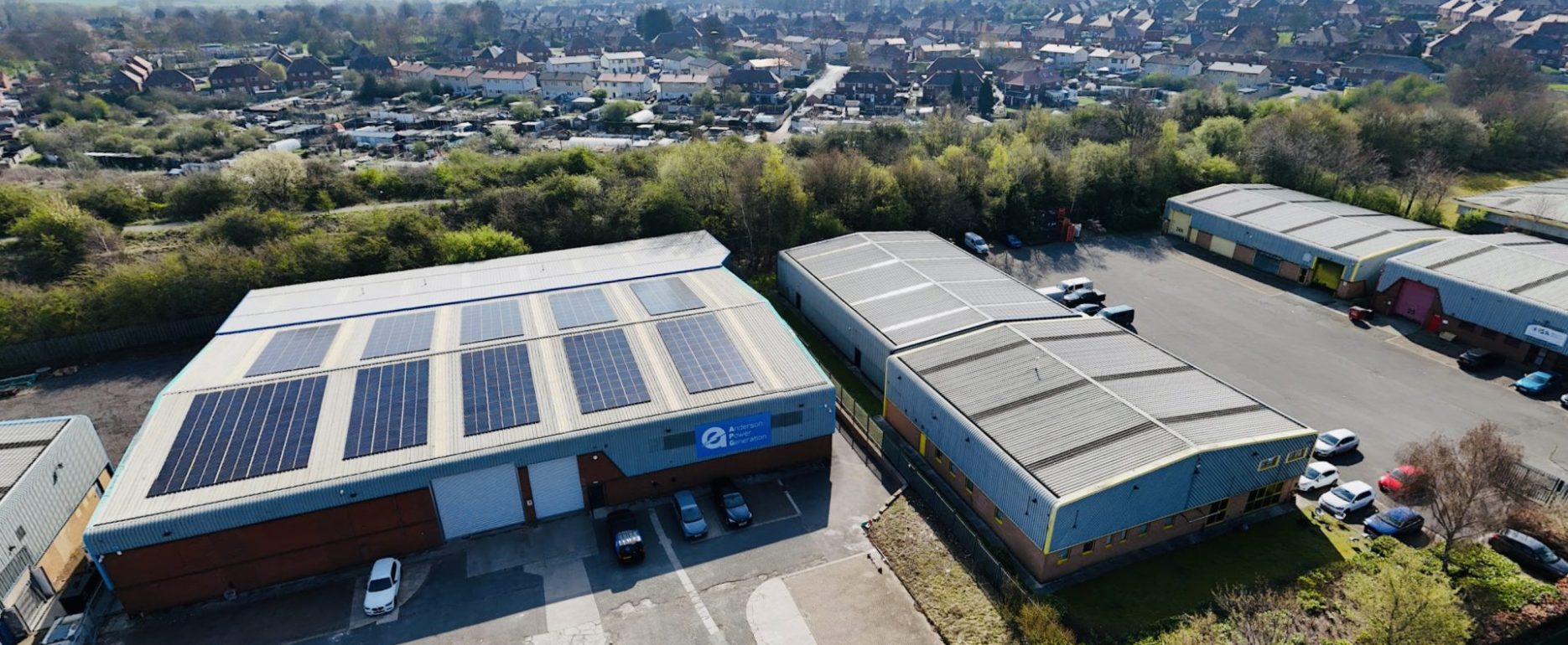 Off grid factory site with solar panels on the roof.